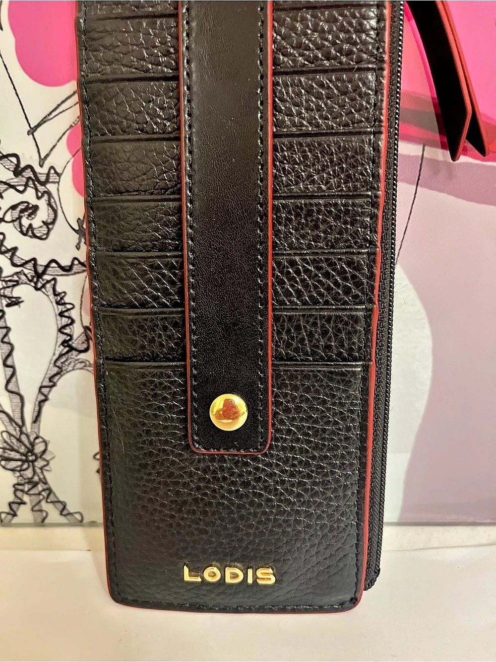 Lodis NWOT Black Leather Credit Card Wallet Zip Slim Card Holder